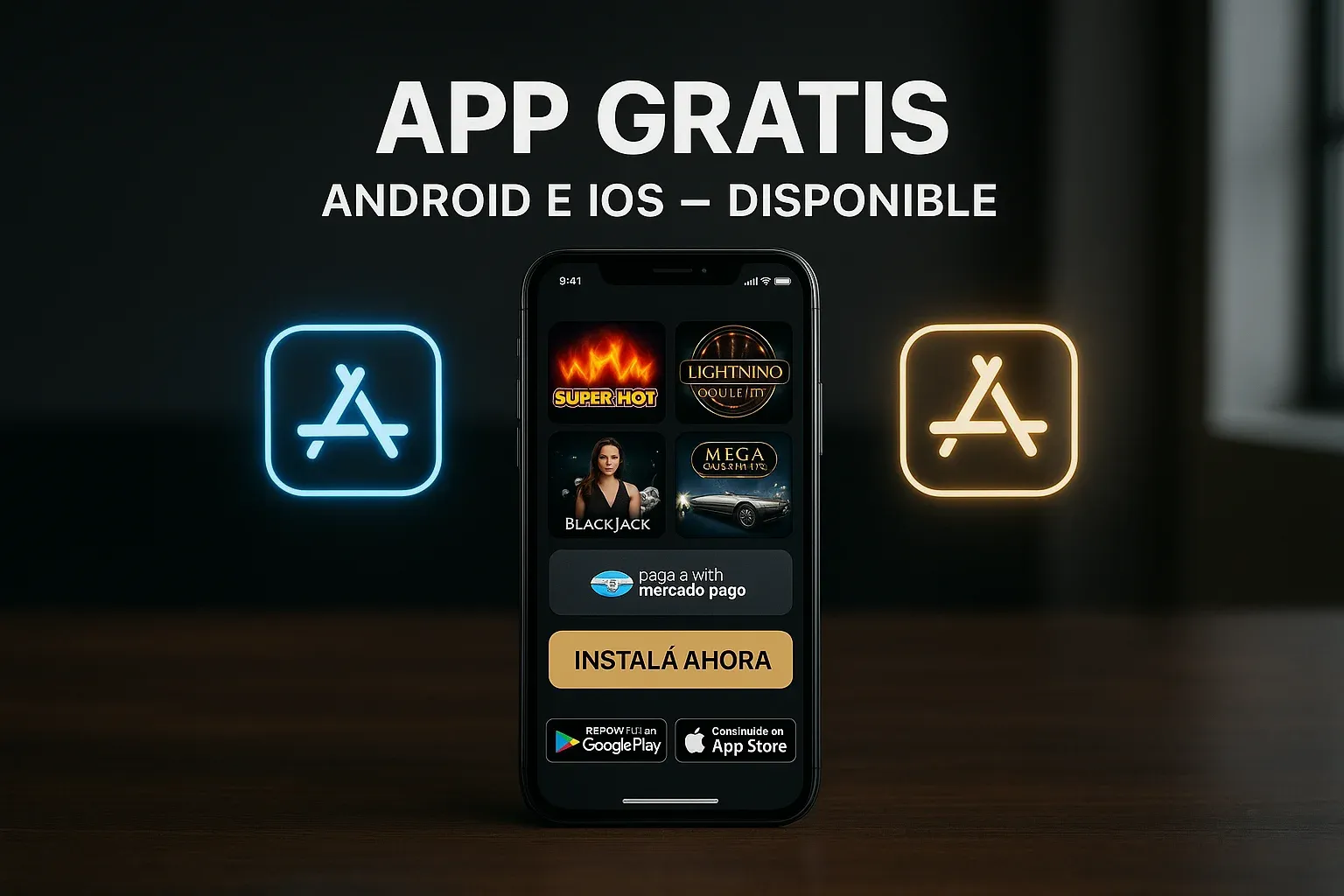 Banner de app gratis con celular, Mercado Pago y botón instalá ahora
