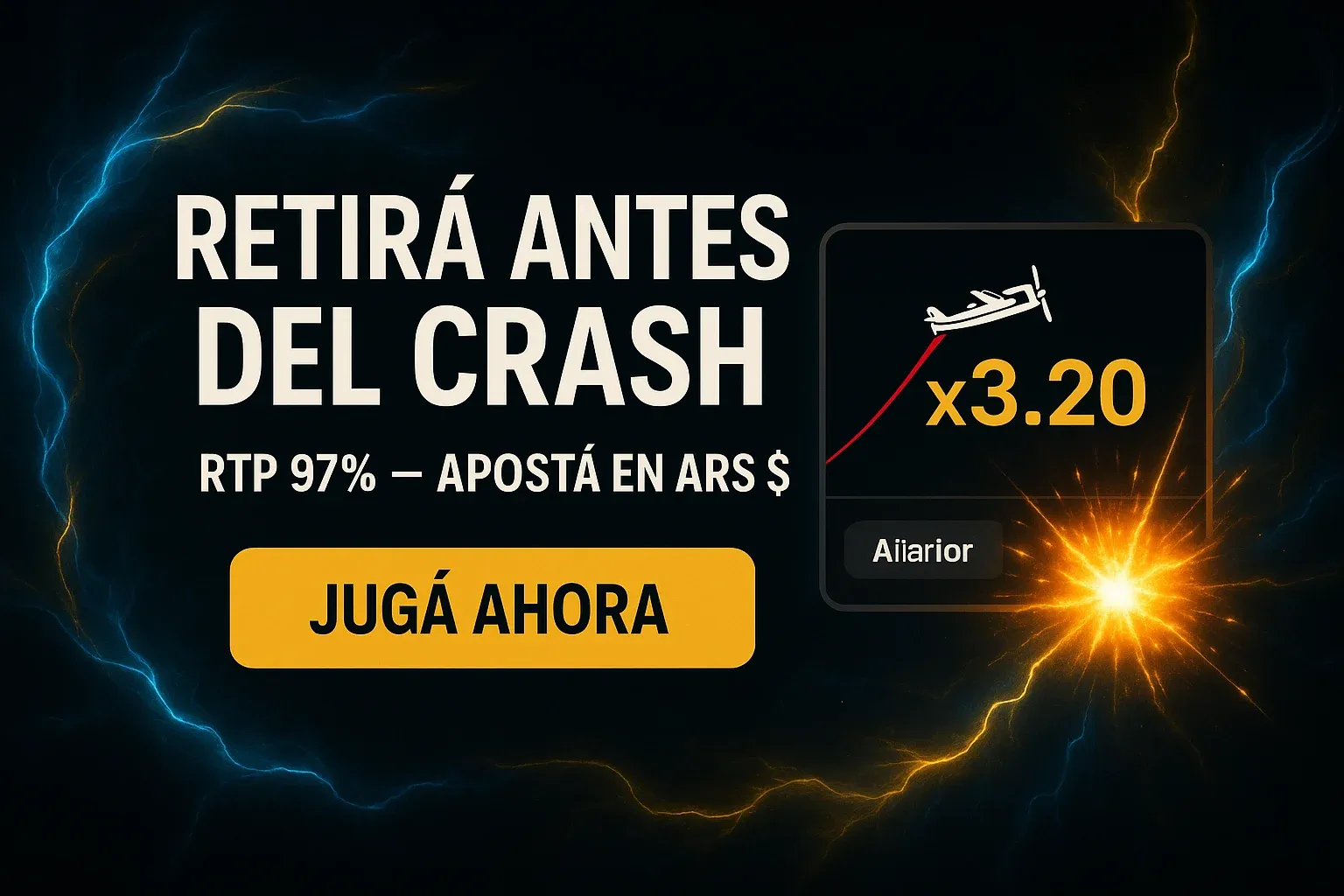 Banner de Aviator con avión subiendo, multiplicador x3.20 y botón Jugá Ahora