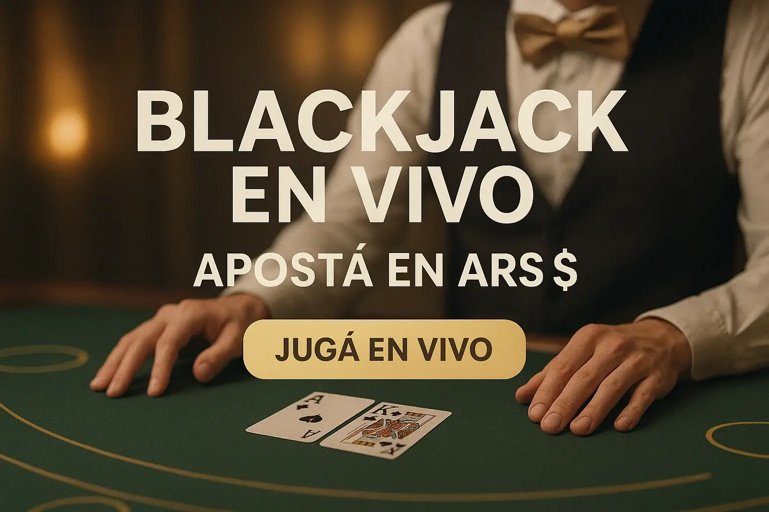 Banner de blackjack en vivo con crupier, cartas as y rey, y CTA en ARS.
