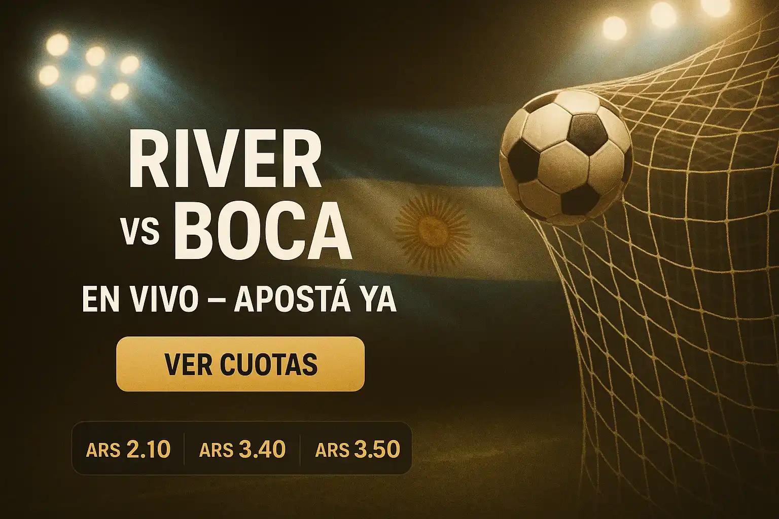 Banner de apuestas en vivo con fútbol, luces de estadio y colores argentinos