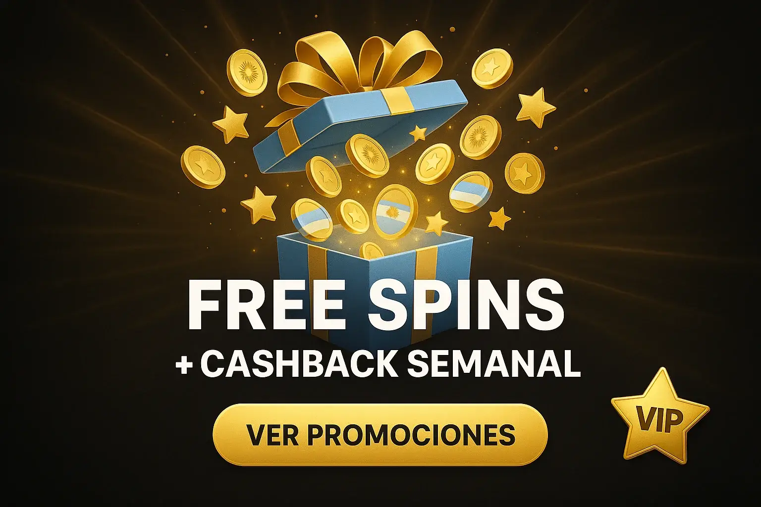 Banner de promociones de casino con regalo, monedas, cashback semanal y CTA.