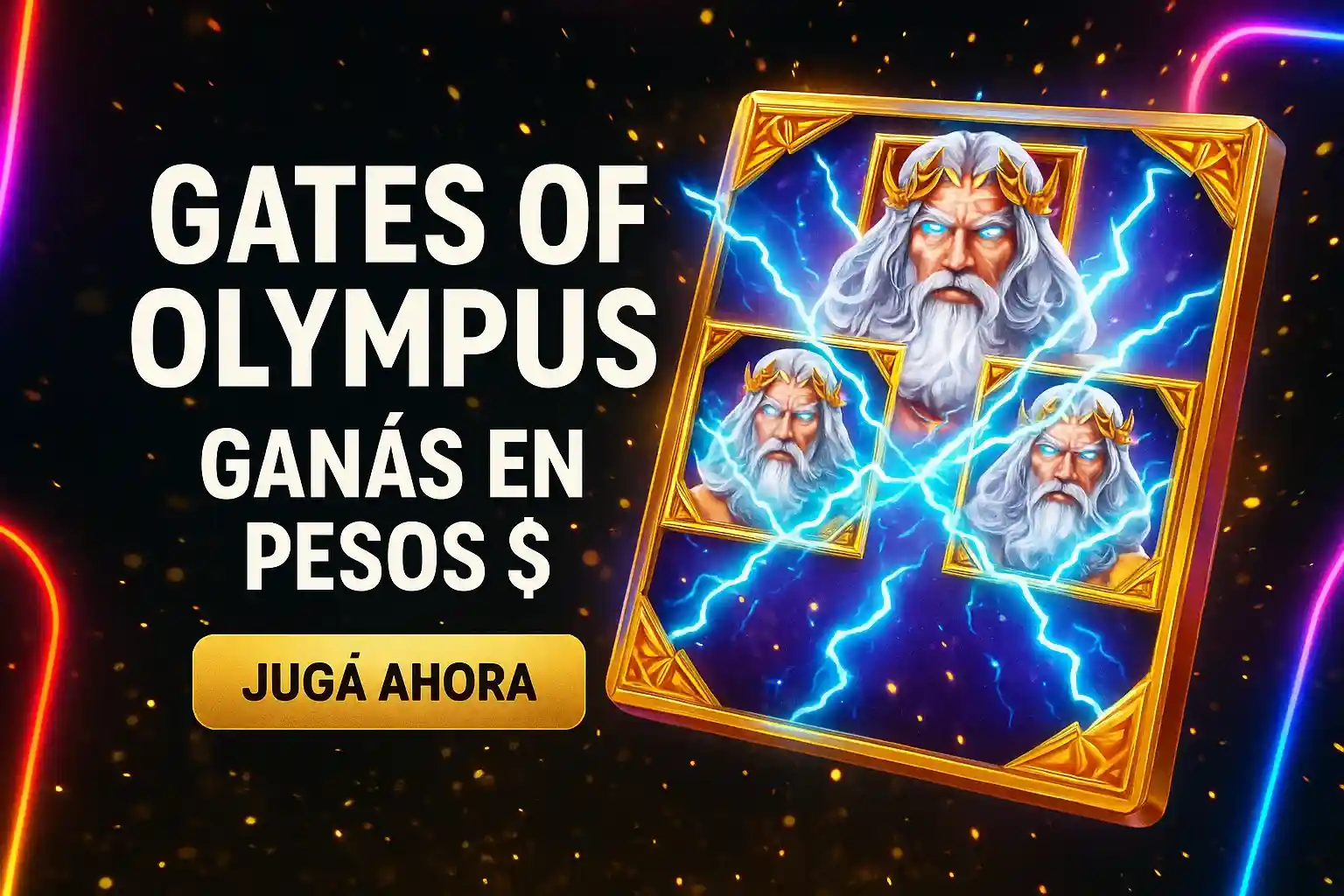 Banner de tragamonedas con estilo mitológico, rayos, neón y ganás en pesos